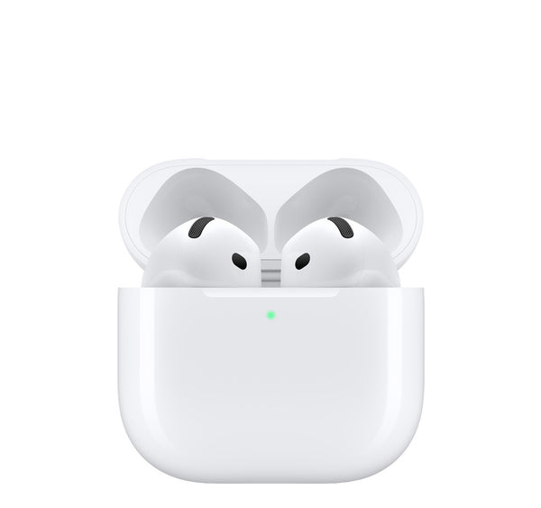 Apple AirPods 4 features and specifications showing the earbuds in their charging case.