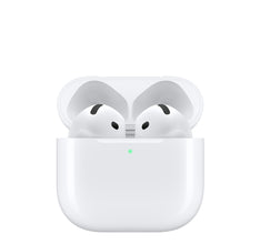 Apple AirPods 4 features and specifications showing the earbuds in their charging case.